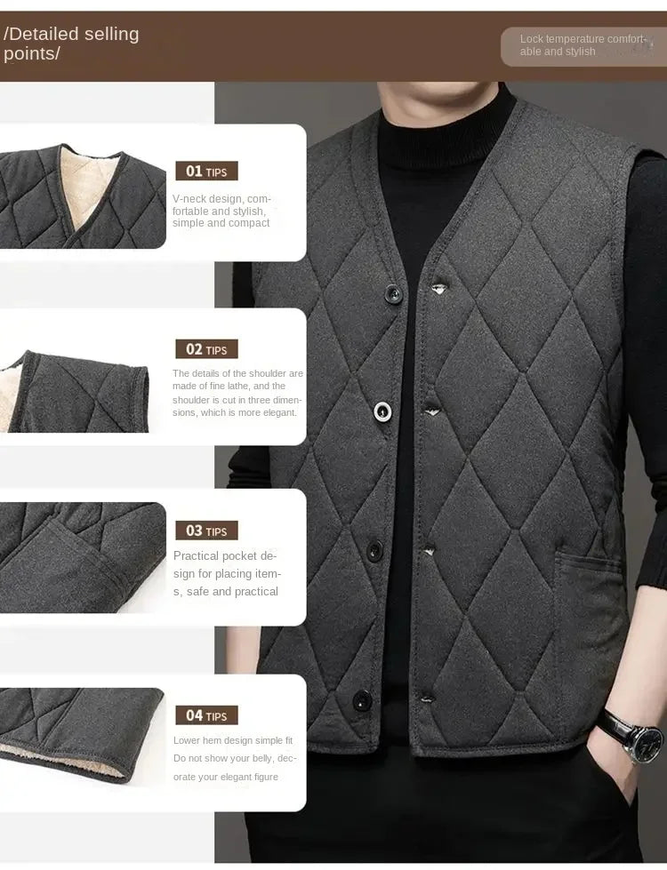 Autumn Winter waistcoat Men Lamb Fleece Coat Vest Button Cardigans Thicken Warm Solid V-Neck Casual Plaid Jackets