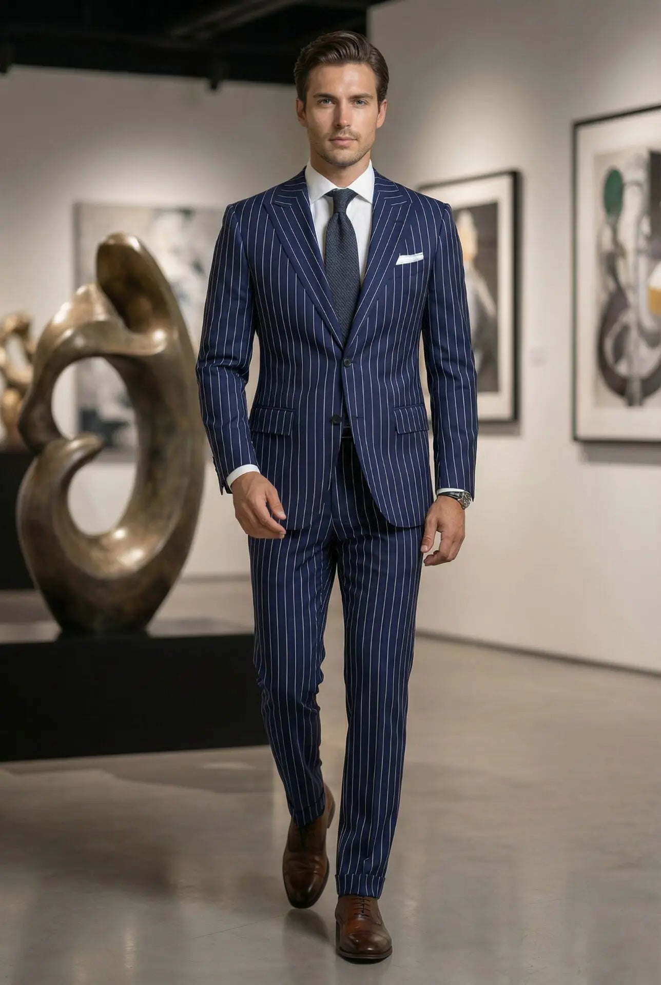 Two Piece Pinstripe Men's Suit Slim Fit for Formal Wedding Tuxedo Notched Lapel Navy Blue Striped Business Groom Male Fashion