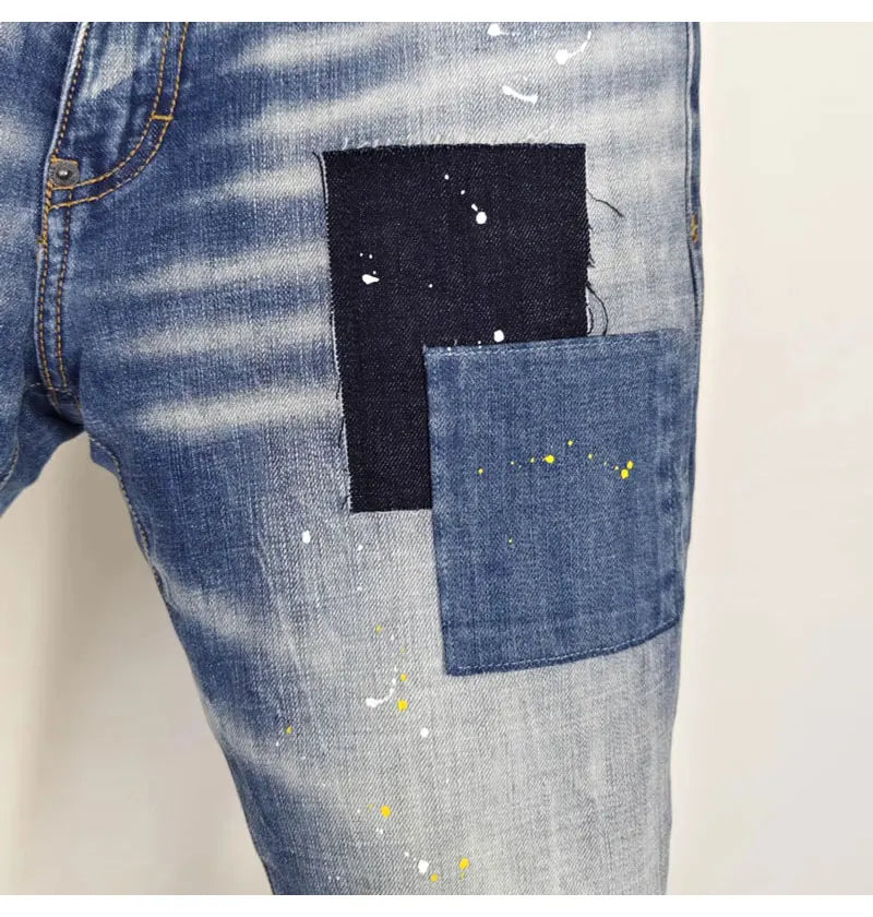 Street Fashion Men Jeans Retro Blue High Quality Elastic Skinny Fit Ripped Jeans Men Patched Designer Hip Hop Brand Pants Hombre