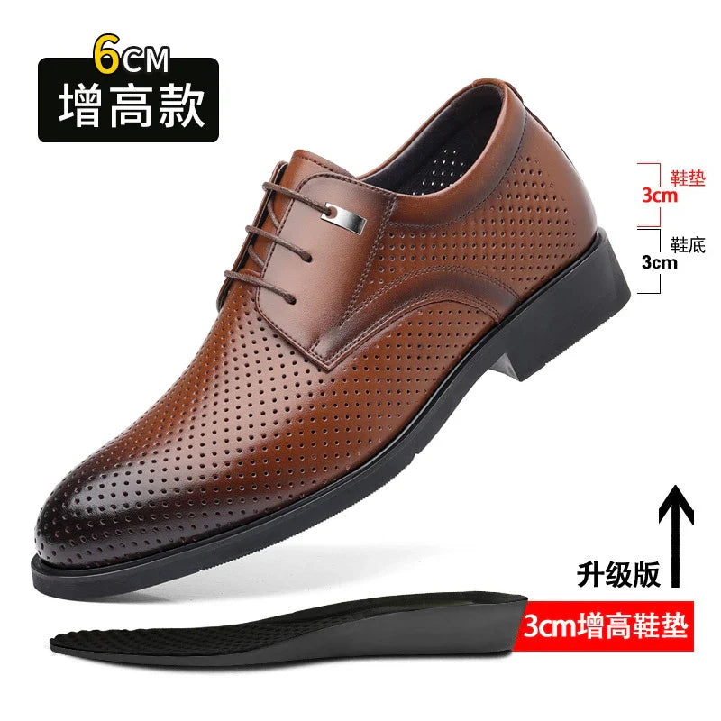 Mens Black Genuine Leather Perforated Metal Decor Lace Up Formal Business Office Breathable Summer Shoes Hollow Stylish Simple