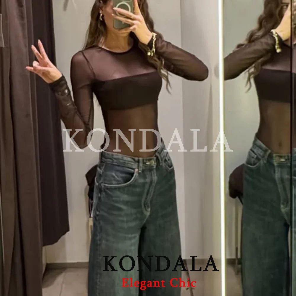 KONDALA Trendy Sexy Sheer Bodysuit Long Sleeve Bodysuit Fashion 2026 Spring Summer Party Holiday Date See-Through Lady Tops