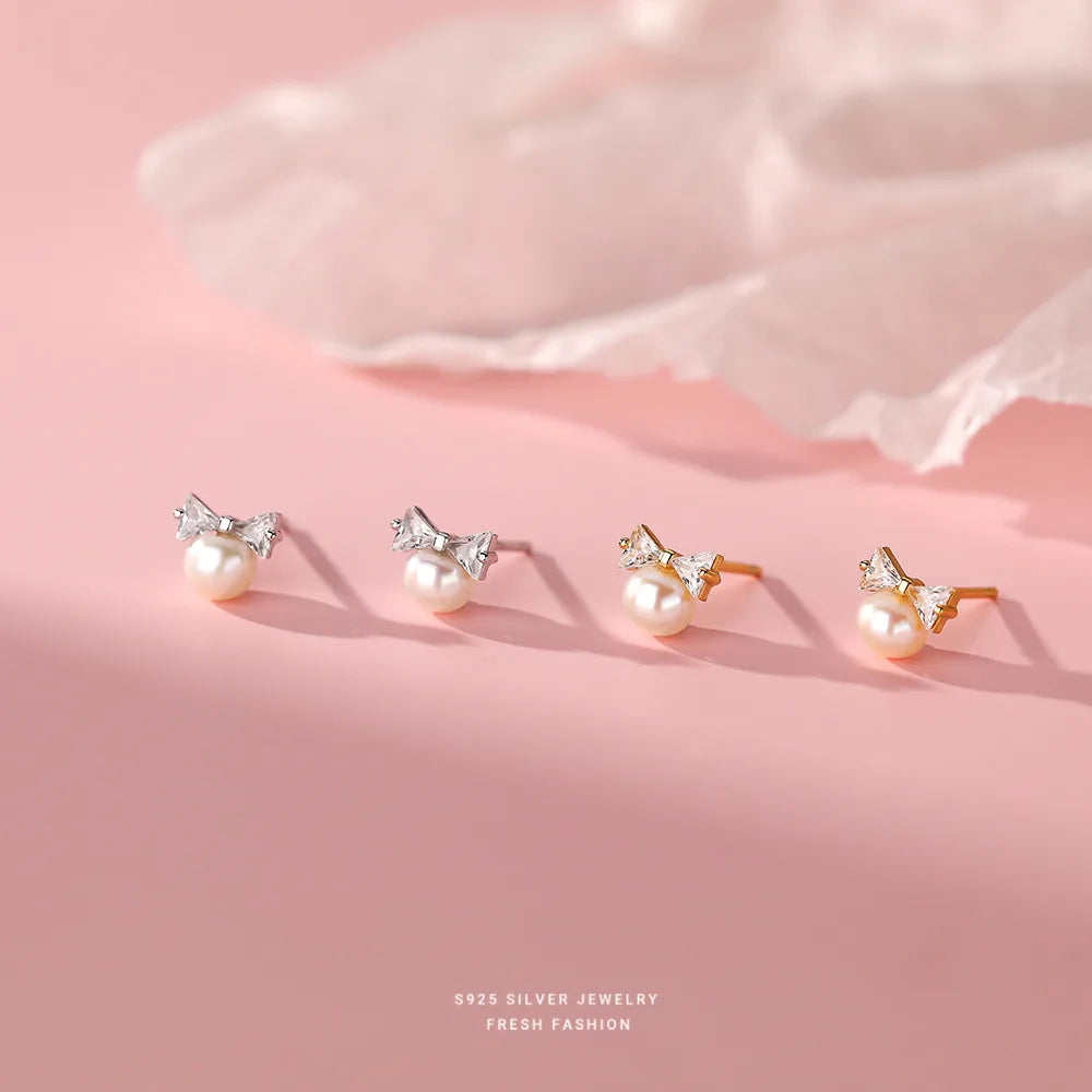 Korea Exquisite Vintage Zircon Pearl Bow Sweet Stud Earrings for Women 925 Sterling Silver Jewelry
