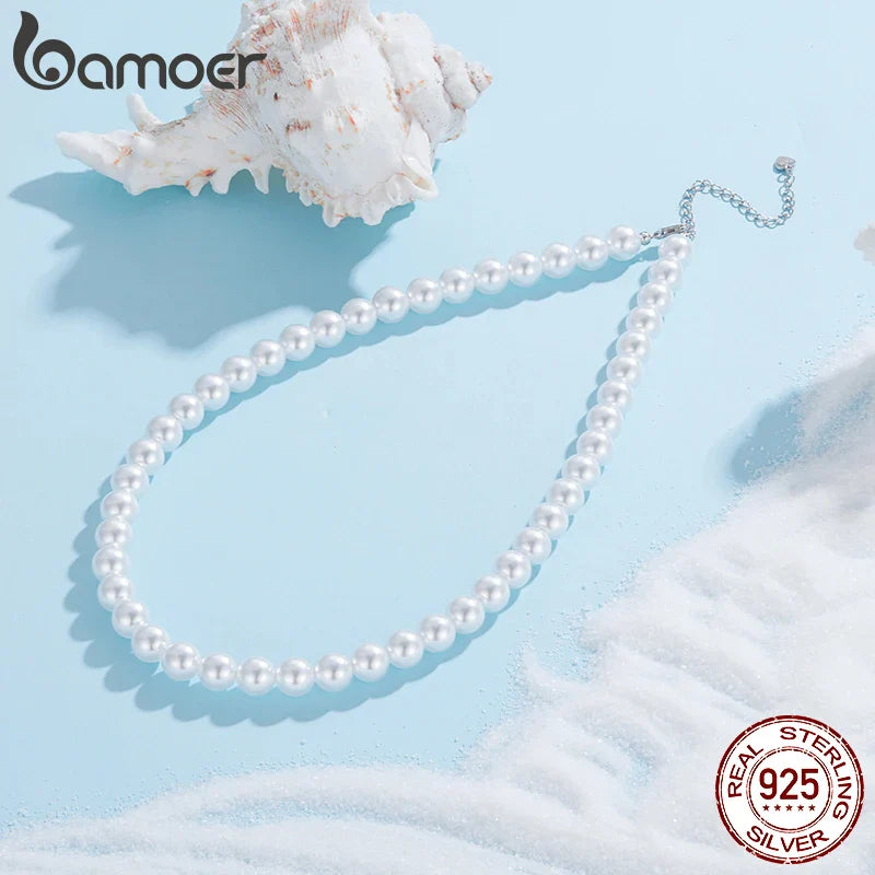 White Pearl Necklace for Women, 925 Silver Adjustable Clasp Chain Faux Pearl Beaded Necklace Bridal Wedding Jewelry