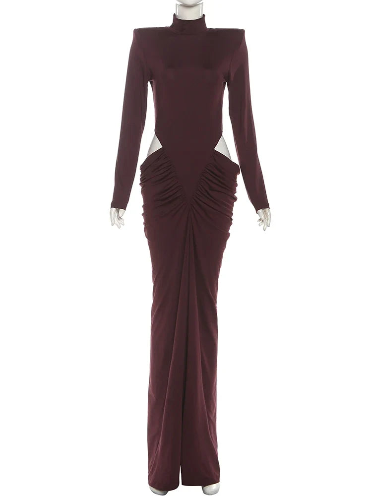 Hipster Waistless Ruched Elegant Dress Woman Autumn Style Turtleneck Full Sleeve Hollow Design Prom Party Long Bodycon
