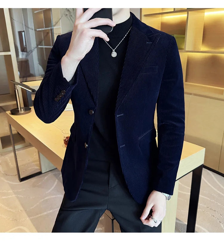 Corduroy Stripe Suit Jacket For Men Autumn Winter Business Slim Fit Tailcoat Formal Wedding Party Fashion Casual Suit Coat 4XL-M