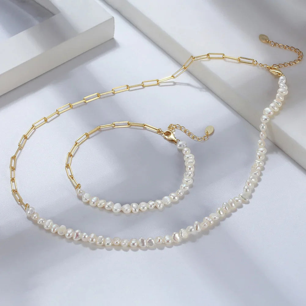 Natural Pearls Beaded Necklace with 925 Sterling Silver Paperclip Chain Wedding Party Fashion Pearls Jewelry GPN13
