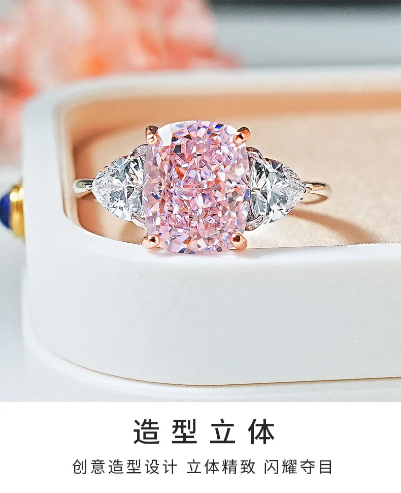 Luxury pink diamond Radian ice cut 925 silver ring set with high carbon diamond temperament versatile ice cut