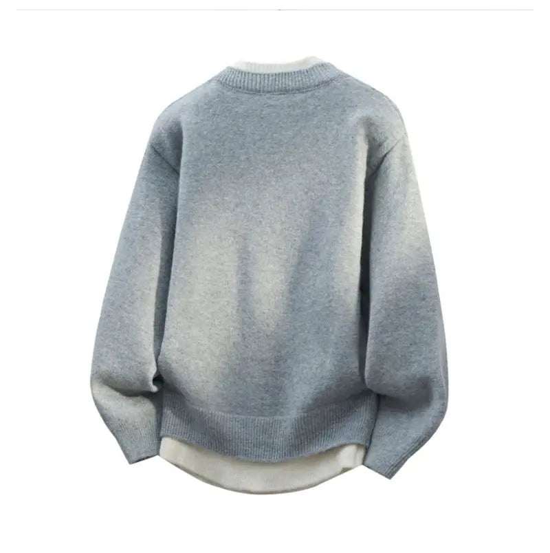 Fake Two Piece Pullover Cardigan Men Round Neck Long Sleeve Clothing Thermal Warm Comfortable Youth Casual Knit Sweater