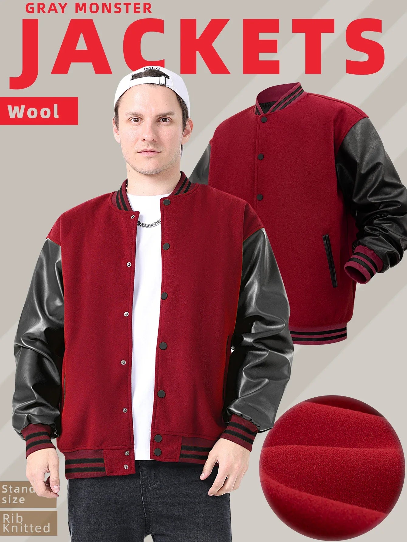 Men's Classic Varsity Jacket with Faux Leather Sleeves Letterman Style Baseball Coat Color-Block Lightweight Men's