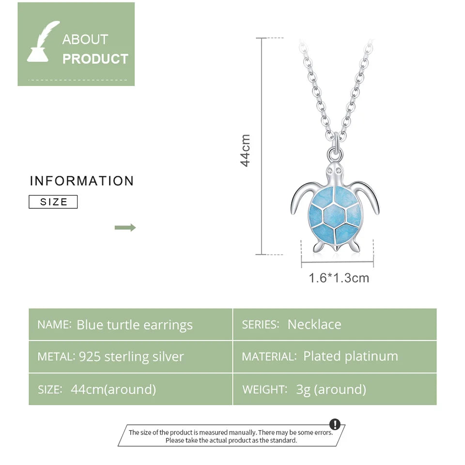 925 Sterling Silver Sky Blue Enamel Turtle Pendant Necklace Cute Animal Adjustable Necklace for Women Fine Jewelry SCN446