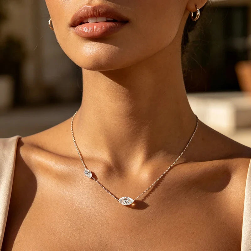 3CT Marquise Cut 2 Gems Full Moissanite Necklace for Women Bride Wedding Jewelry Lab Diamond Chain 925 Sterling Silver