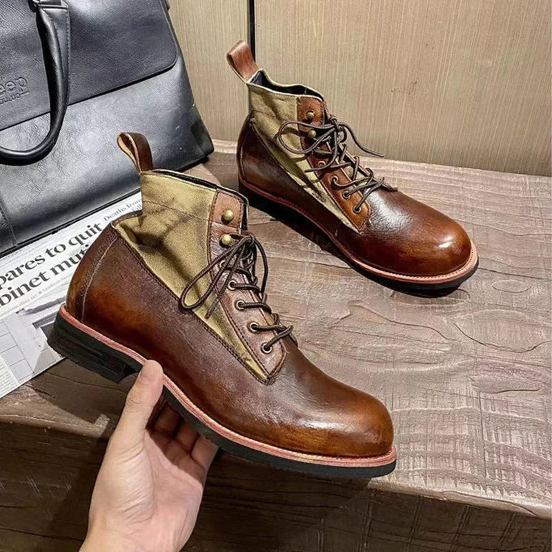 Mens Winter Plus Velvet Cotton Boots Japanese Style Comfortable Warm Motorcycle Boots Men Trendy All-match Lace-up Leather Boots