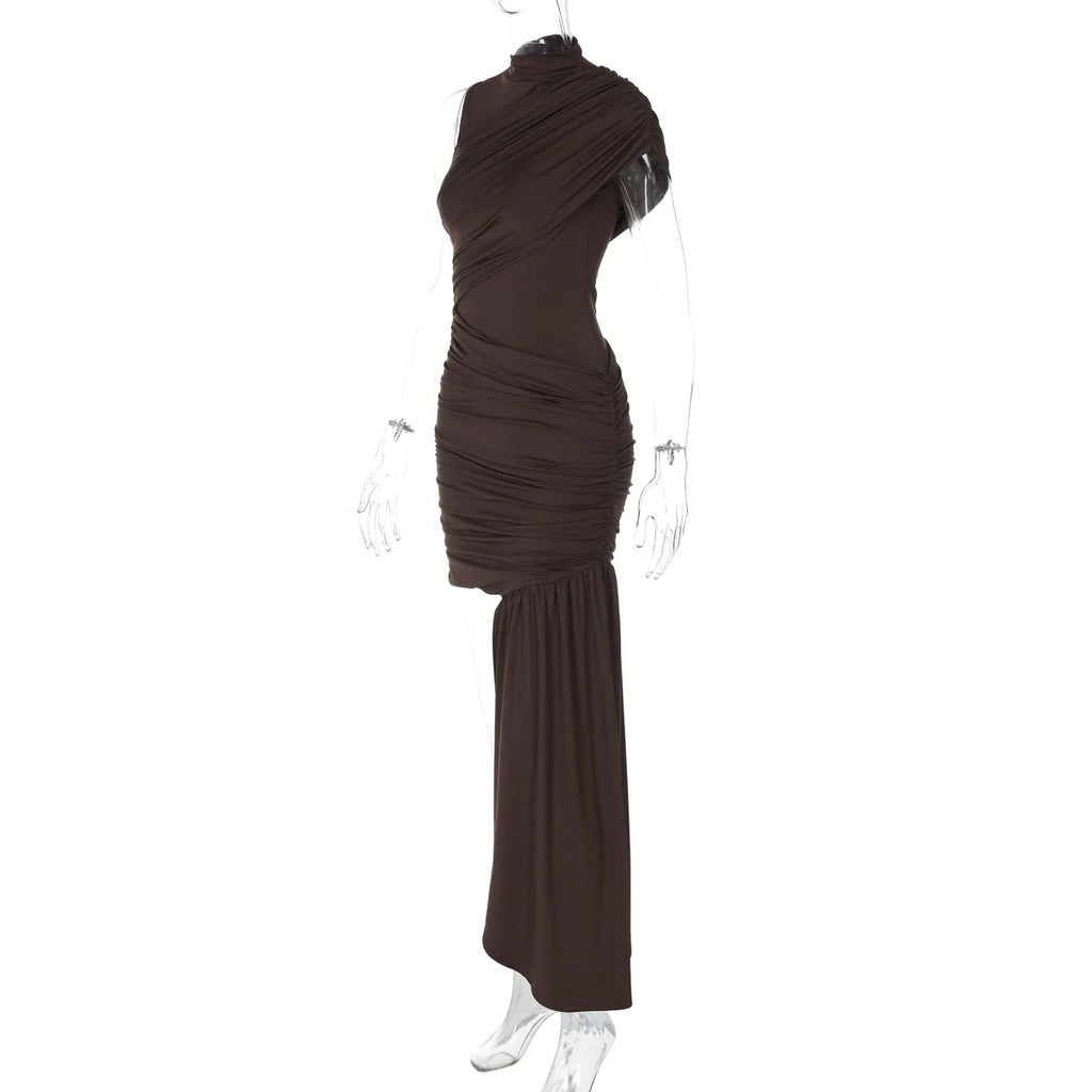 Irregular Draped Ruched Sexy Mini Dress For Women Turtleneck Sleeveless Pleated Slim Party Dress Female Holiday Beach Dresses