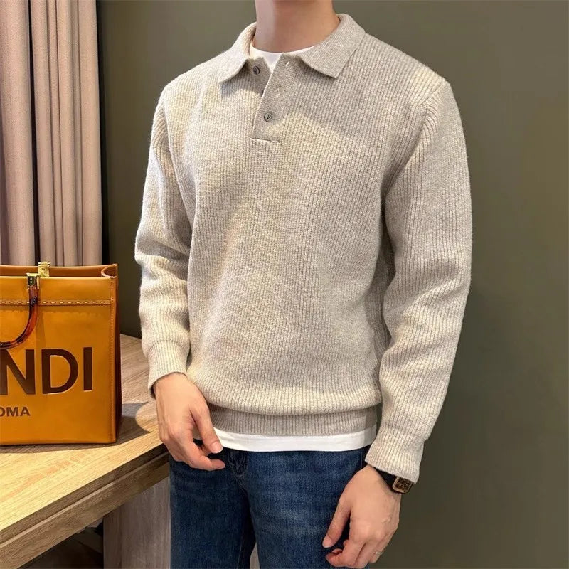 Mens Knit Sweater Autumn Winter Pullover Korean Soft Heavyweight Knit Polo Sweaters Minimalist Long Sleeve Solid Casual Top