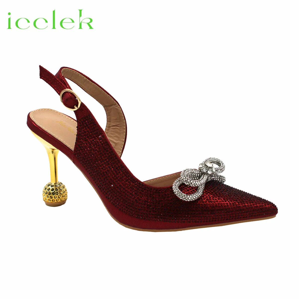 Wine Color Crystal Decoration Style Round Heels Friends Party Sandals and Bags