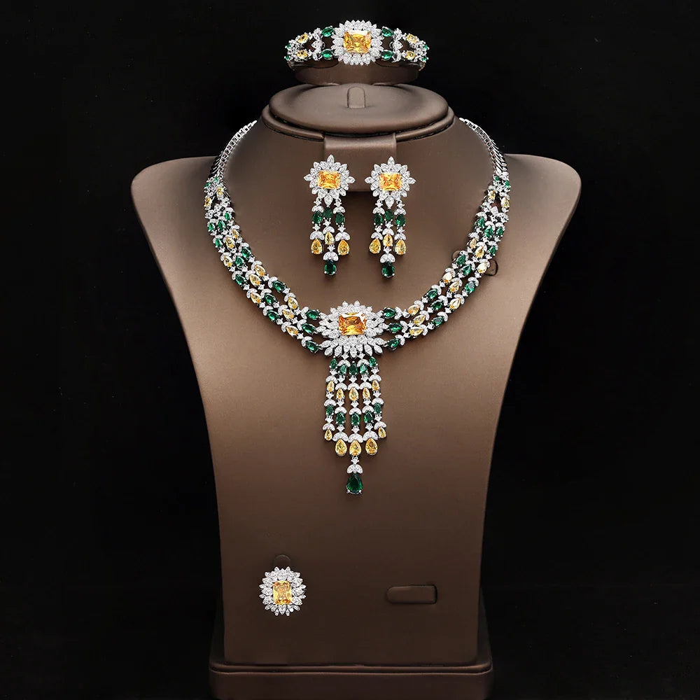 2024 Bridal Zirconia Full Jewelry Sets For Women Party 4pcs Luxury Dubai Nigeria CZ Crystal Wedding Necklace Sets