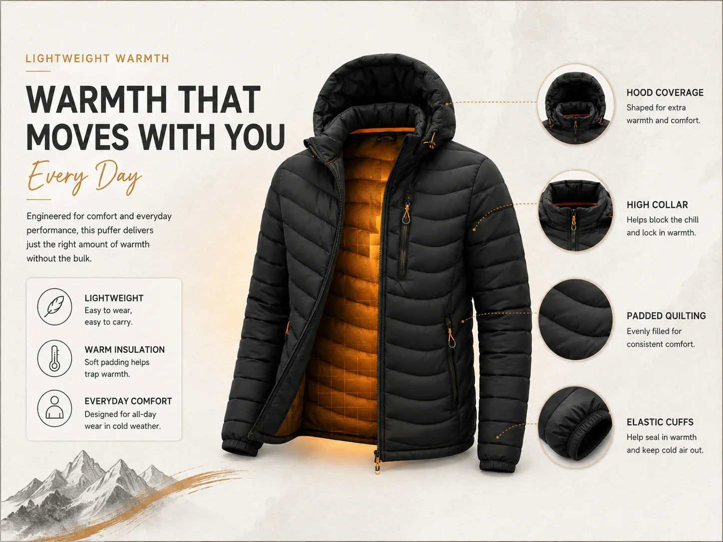 Mens Lightweight Outdoor Puffer Jacket Hooded Insulated Thermal Puffy Winter Heated Running Travle Casual Cotton Outdoor Coat