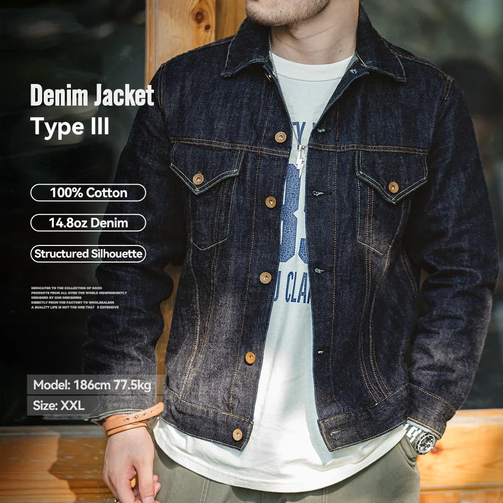 Vintage 14.8oz Washed Denim Type III Jacket Classic Solid Slim Fit Coat Cotton Denim Jacket for Men Spring and Autumn Tops