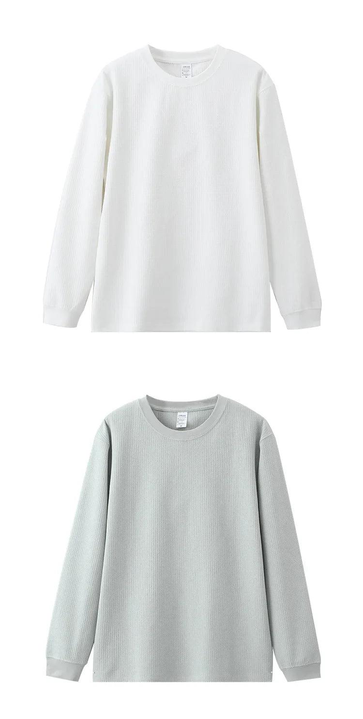 Autumn Lightweight Waffle Knit Base Layer Top  Men - Fashionable Loose Fit Versatile Long-Sleeved Round Neck T-Shirt/Sweatshirt