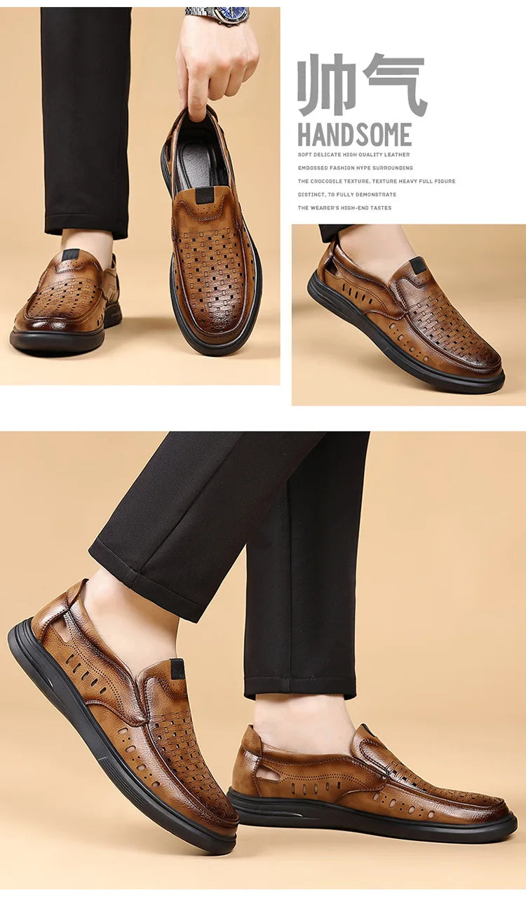 Spring Summer New Hallow Breathable Loafers for Men Fashion Casual Leather Shoes Male Solid Color Soft Sole Designer Shoes Man
