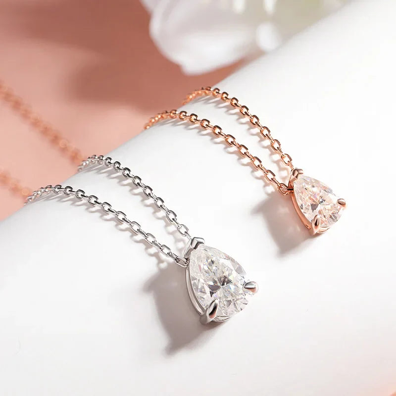 Certified 1CT 2CT Pear Cut D VVS1 Moissanite Necklace for Women 18k Gold Plated Jewelry 100%  Sterling Silver 925 Pendant