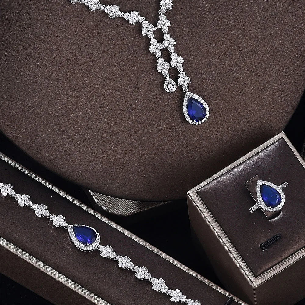 4pcs Bridal Zirconia Jewelry Sets For Women Party, Luxury Dubai Nigeria platinum plating Crystal Wedding Jewelry Sets