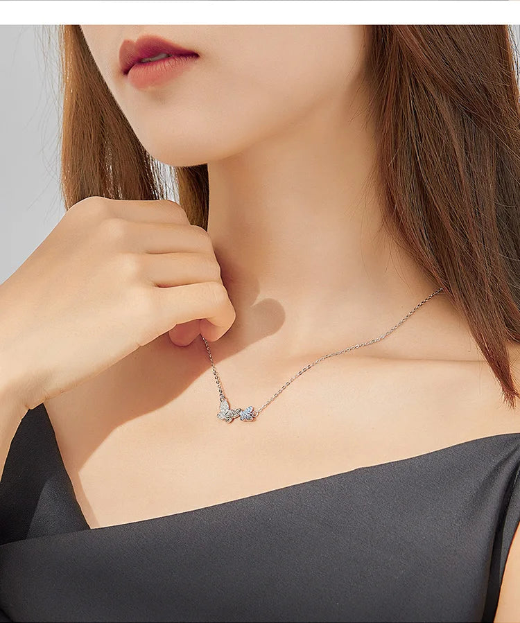 925 Sterling Silver Blue Zircon Flying Butterfly Necklace Women Birthday Gift Korean Style Fashion Jewelry Gift SCN384