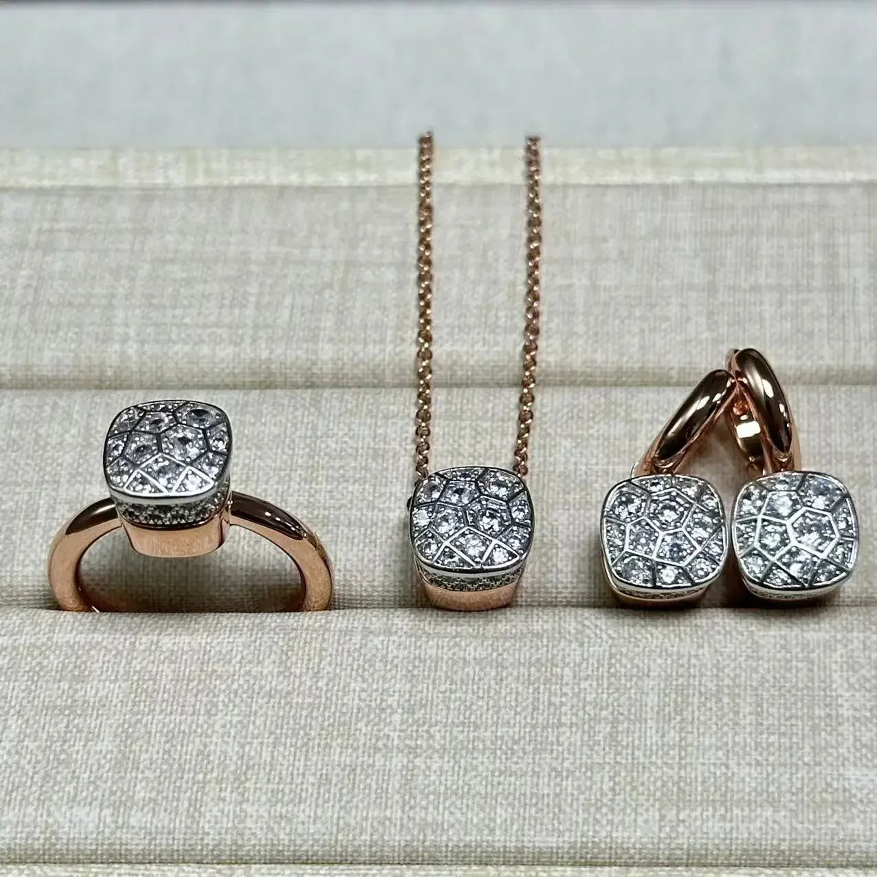 10.6mm Honeycomb Style Jewelry Set For Women Ring Earrings Necklace Rose Gold Candy Crystal Bijoux Gift