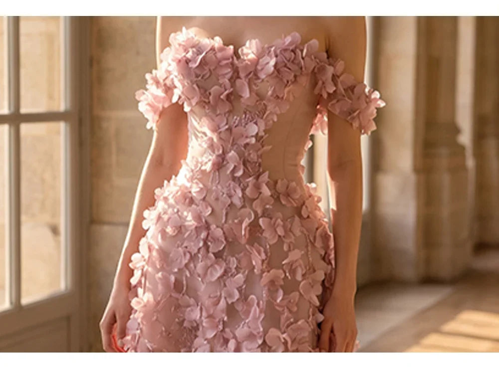 Pink Off Shoulder Mini Evening Dress 3D Handmade Floral Petal Appliques Long Train Tulle Formal Prom Gown Sexy High Split