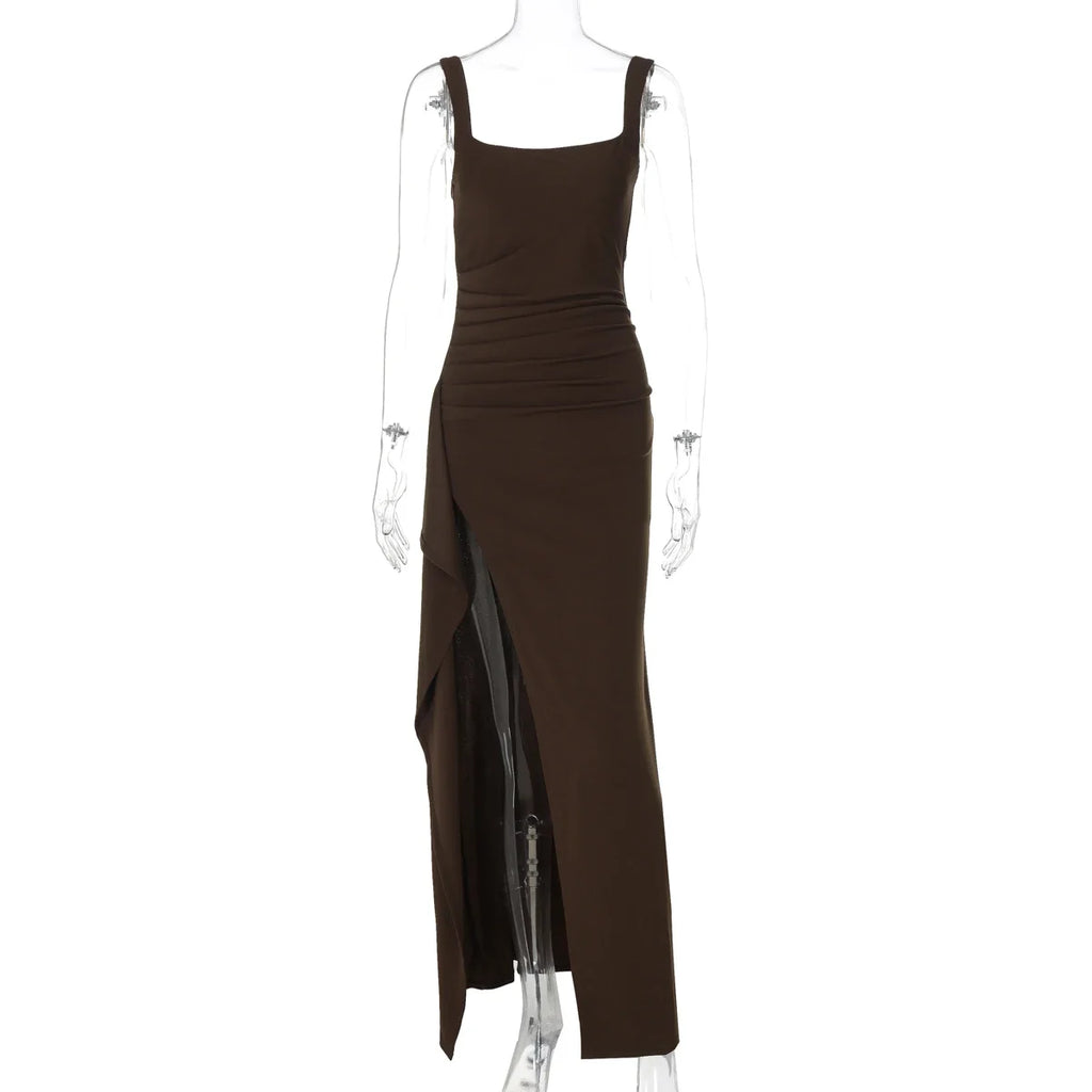 Women Elegant Solid Straps Slit Ruched Patchwork Sexy Bodycon Maxi Dress Summer Outfits Evening Party Birthday Festival