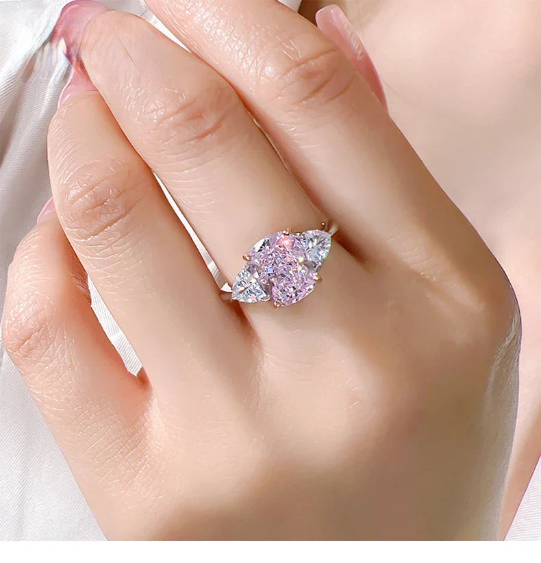Luxury pink diamond Radian ice cut 925 silver ring set with high carbon diamond temperament versatile ice cut