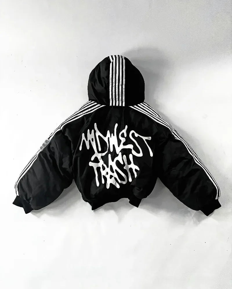 Unisex Harajuku street zip jacket, striped cotton-padded warm coat, goth hip hop style, S–XXL