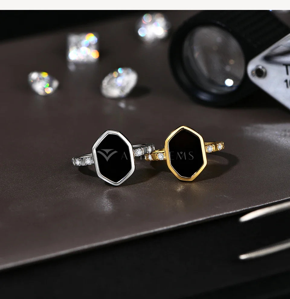 Hexagon Black Onyx Rings for Women Men Moissanite Side Edge S925 Silver 18K White Gold Plated Party Daily Jewelry Gifts