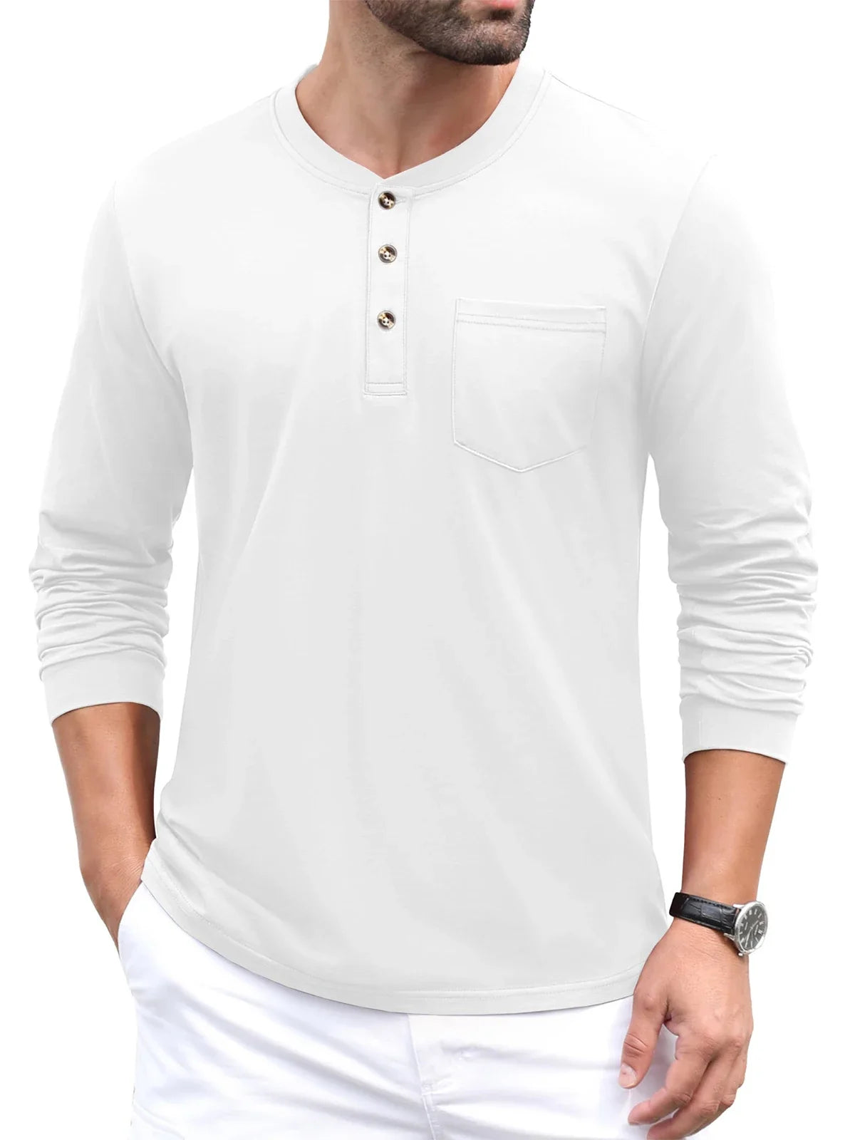 Henry Neck Long Sleeves Men's High Quality Cotton Henley Shirts Casual Button T-Shirt with Pocket Placket Fitted Tees