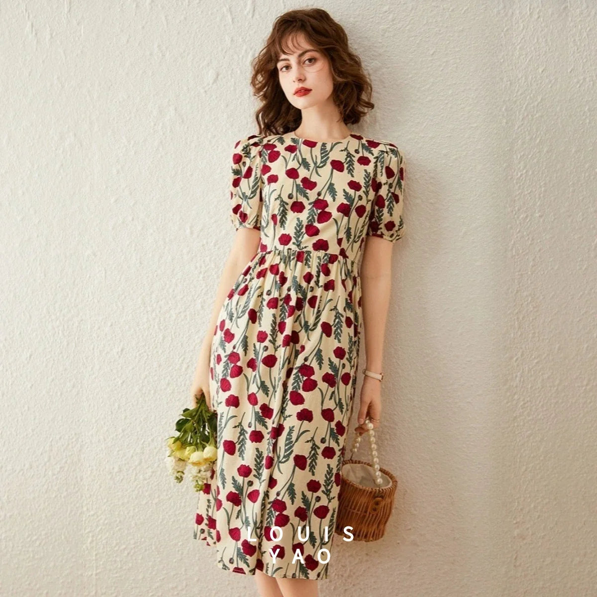 French Floral Print Dress Women 2026 Summer Round Neck Puff Sleeve Fitted Long Dress Casual Streetwear Outfits