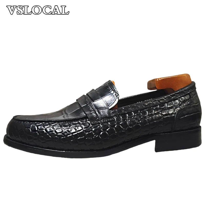 Luxury Brand Men Leather Shoes Black Slip On Croco Prints Casual Mens Dress Shoes Wedding Office Banquet Loafers For Men
