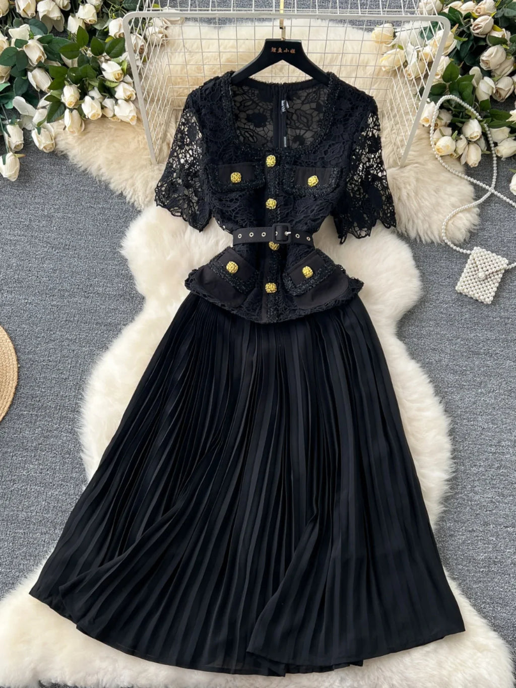 Designer Summer Pleated Chiffon Lace Long Dress