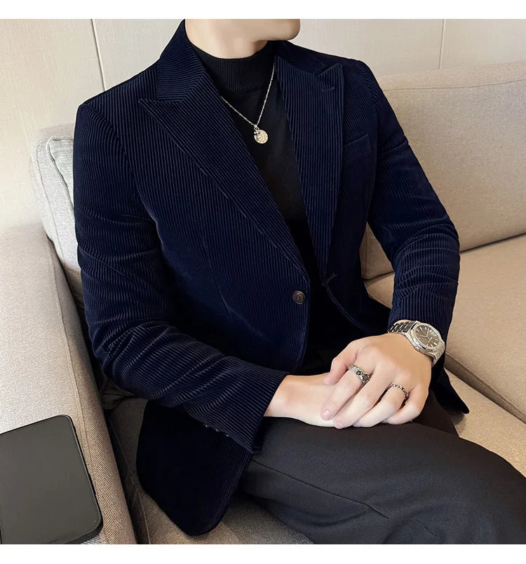 Corduroy Stripe Suit Jacket For Men Autumn Winter Business Slim Fit Tailcoat Formal Wedding Party Fashion Casual Suit Coat 4XL-M