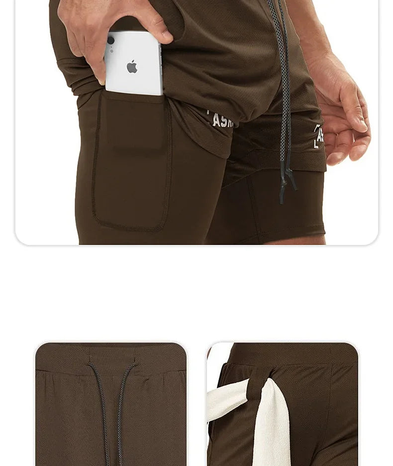 Men's 2 in 1 Double-deck Gym Shorts Quick Dry Summer Running Workout Shorts Zipper Pockets Slim Fit Fitness Training Short Pants