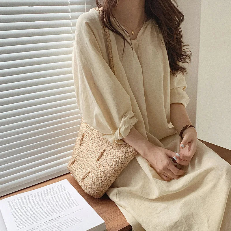 Vintage 100% Cotton Women Dress V Neck Long Sleeve Korean Jananse Pajama Dresses Ladies Comfortable Homewear Wearable Outside