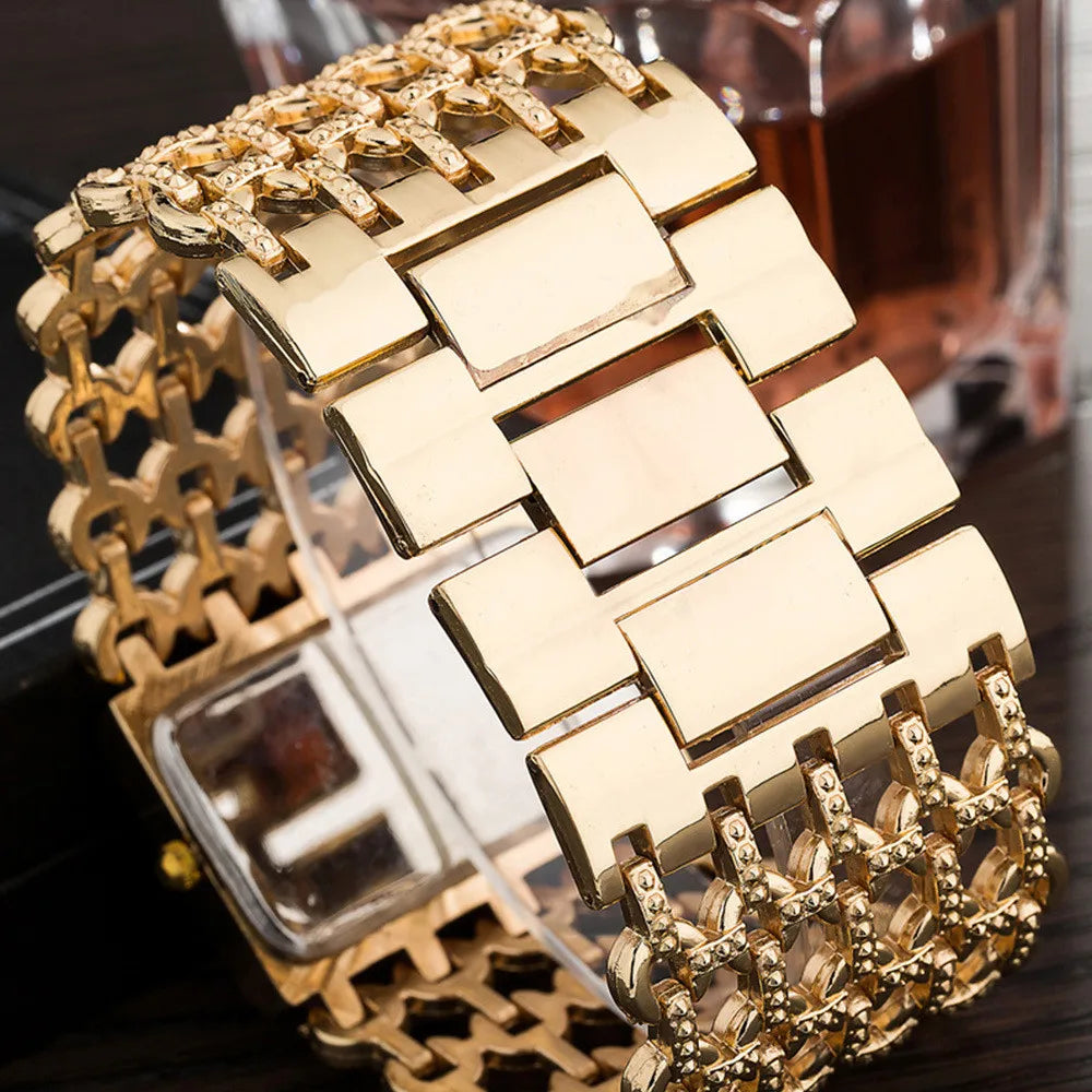 Luxury Ladies Simple Diamond Set Square Bracelet Quartz Watches Fashion Gold Stainless Steel Skeleton Women Clock Dress Watch