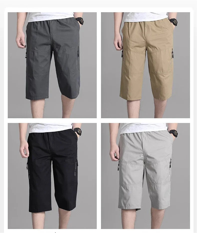 Men Cropped Cargo Shorts Men's Casual Sports Pants Zipper Pocket Summer Cotton Shorts Running Jogger Shorts Elastic Waist