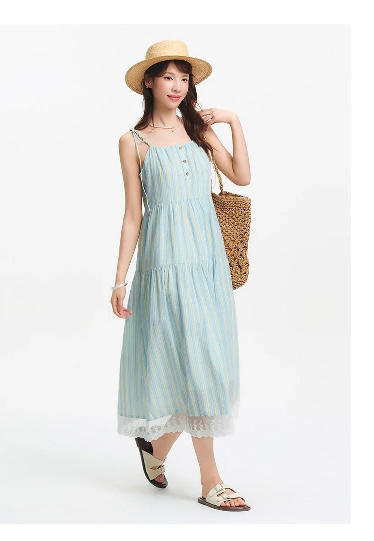 Textured Striped Dress Women Sweet 2025 Summer New Vacation Style Lace Strapless Sundress