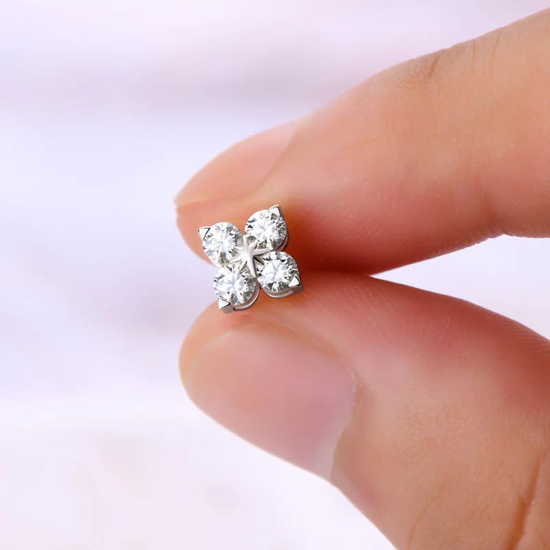 4-Stone Clover 0.8cttw Full D Color Moissanite Screw Earrings for Women Girls S925 Silver 3mm Pass Diamond Test Ear Stud