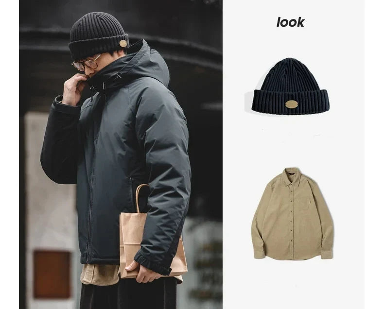 Hooded Down Jacket for Men Winter Thickened Matte Glossy Fabric Parka Outdoor Warm Coat Versatile Outerwear Black Jacket