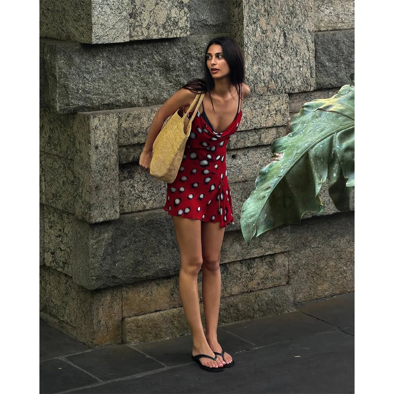 Print V-neck Lace Up Casual Dress Women Chic Thin Mesh Polka Dot Flared Sleeves Patchwork Slim Fit Dresses Lady Daily Vestidos