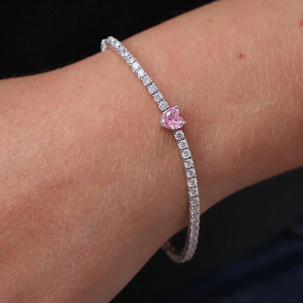 2mm Round Moissanite Tennis Bracelets with 5mm Pink White Heart Cut Diamond Bracelet for Women Men 925 Sterling Silver Bangle