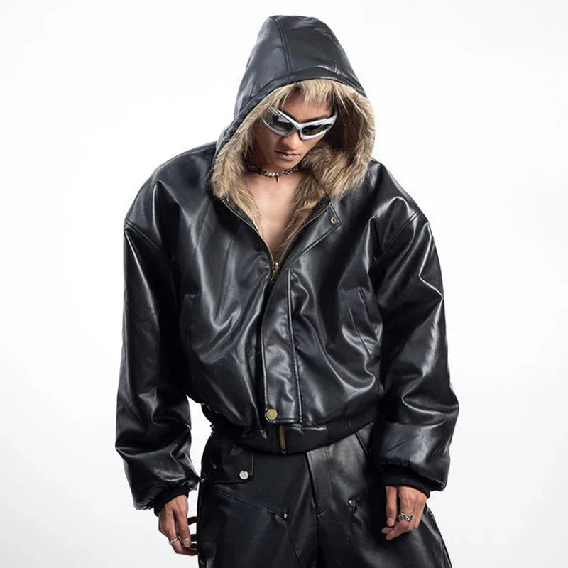 American Style Men's Padded Jackets PU Leather Reversible Faux Fur Fleece Thickened Solid Color Loose Male Coats Tide 9W161