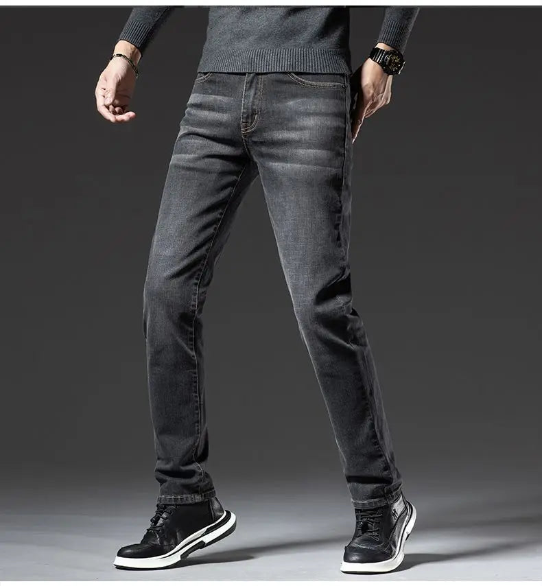 Autumn Winter High Quality Elastic Mens Jeans Cargo Slim Fit Denim Pencil Trousers Midweight Long PantsHighHigh  Jeans Man