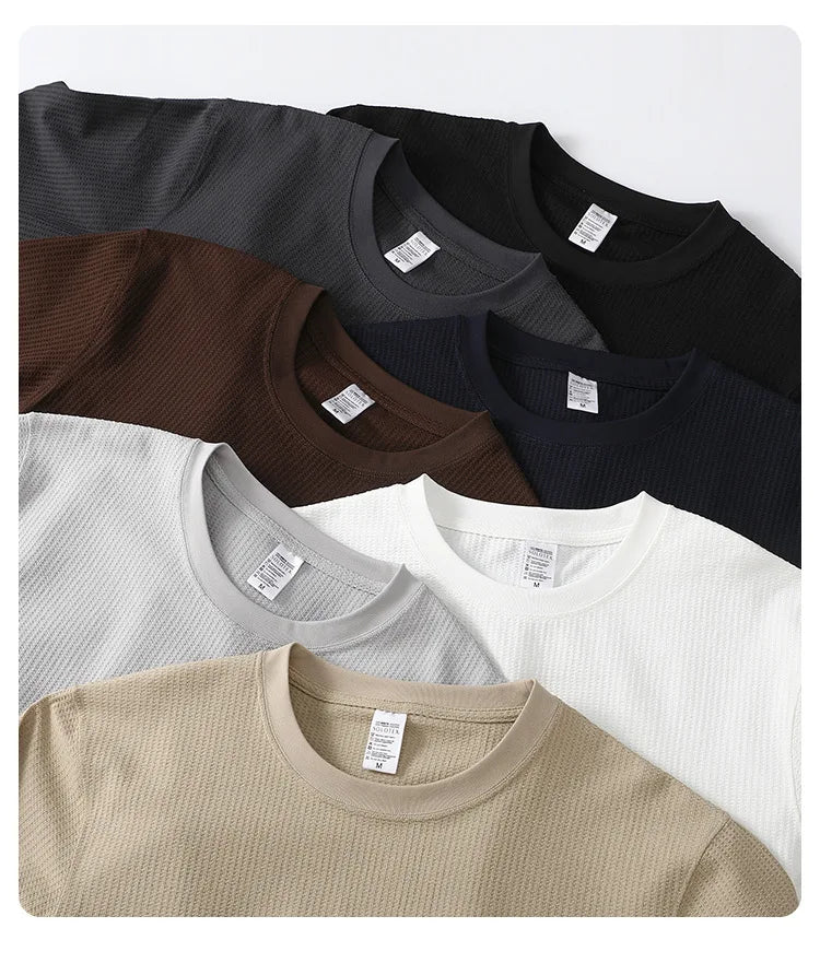 Autumn Lightweight Waffle Knit Base Layer Top  Men - Fashionable Loose Fit Versatile Long-Sleeved Round Neck T-Shirt/Sweatshirt